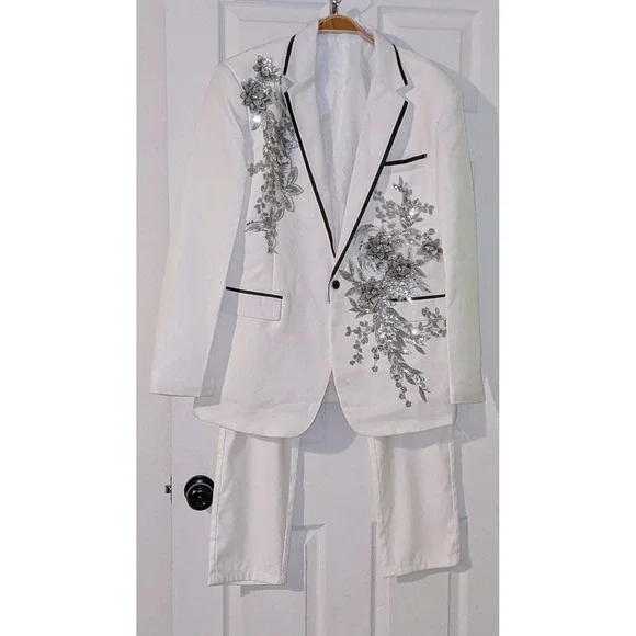 White Suit Set Floral Embellished Occasion Prom Party Costume Tuxedo‎ XLarge NEW - Picture 5 of 11